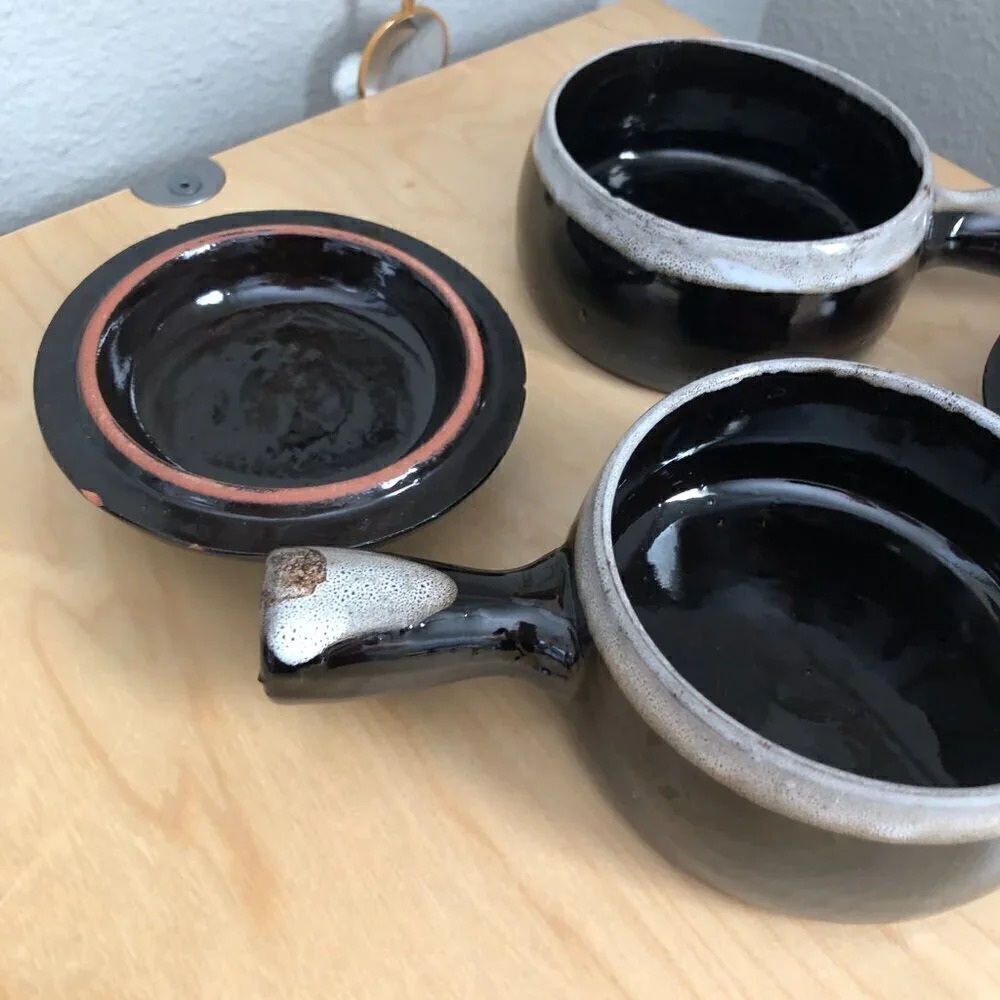 Vintage Drip Glaze French Onion Soup Stoneware Bowl with Lid & Handle - Lot of 2
